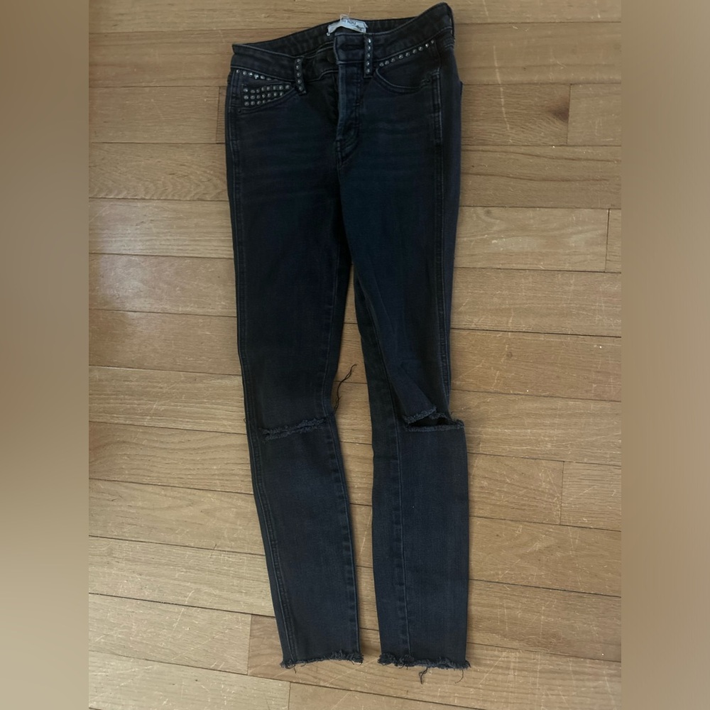 Free People Black Skinny Jeans with Distressed Hem